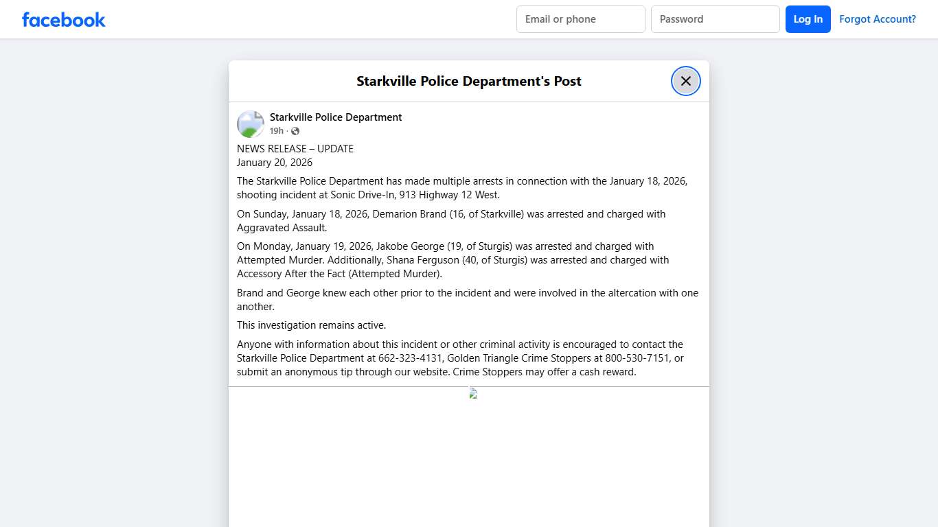 NEWS RELEASE – UPDATE... - Starkville Police Department | Facebook