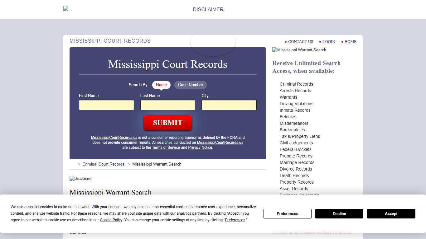 Mississippi Warrant Search | MississippiCourtRecords.us